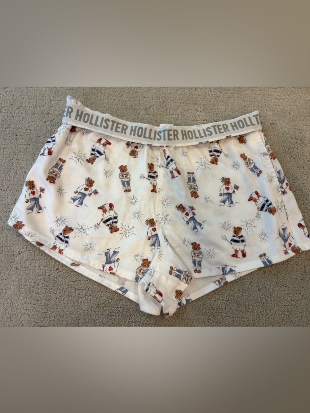 Hollister Bear USA American Flag Lounge Sleep Shorts Flannel PJ Boxer Pockets L